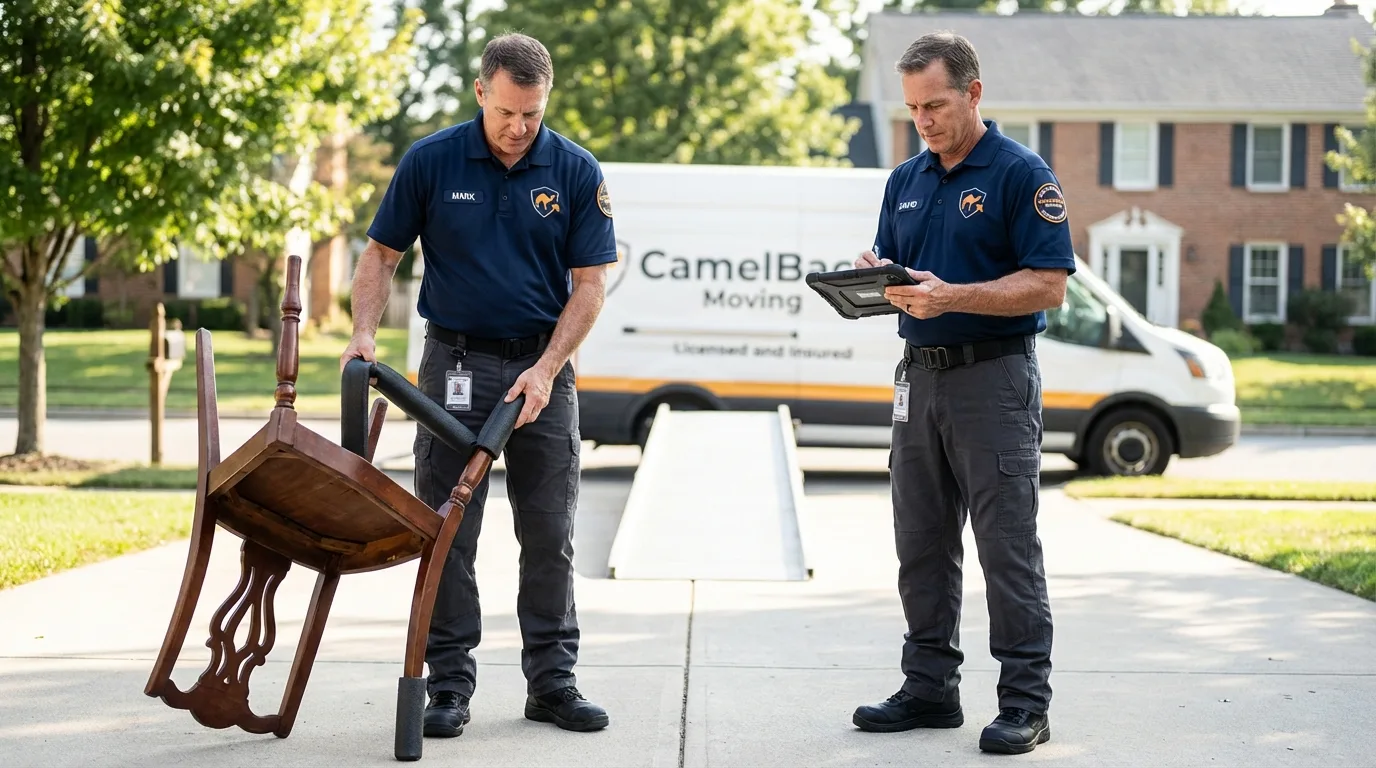Movers inspecting furniture for damage prevention before loading in Windsor Heights, IA