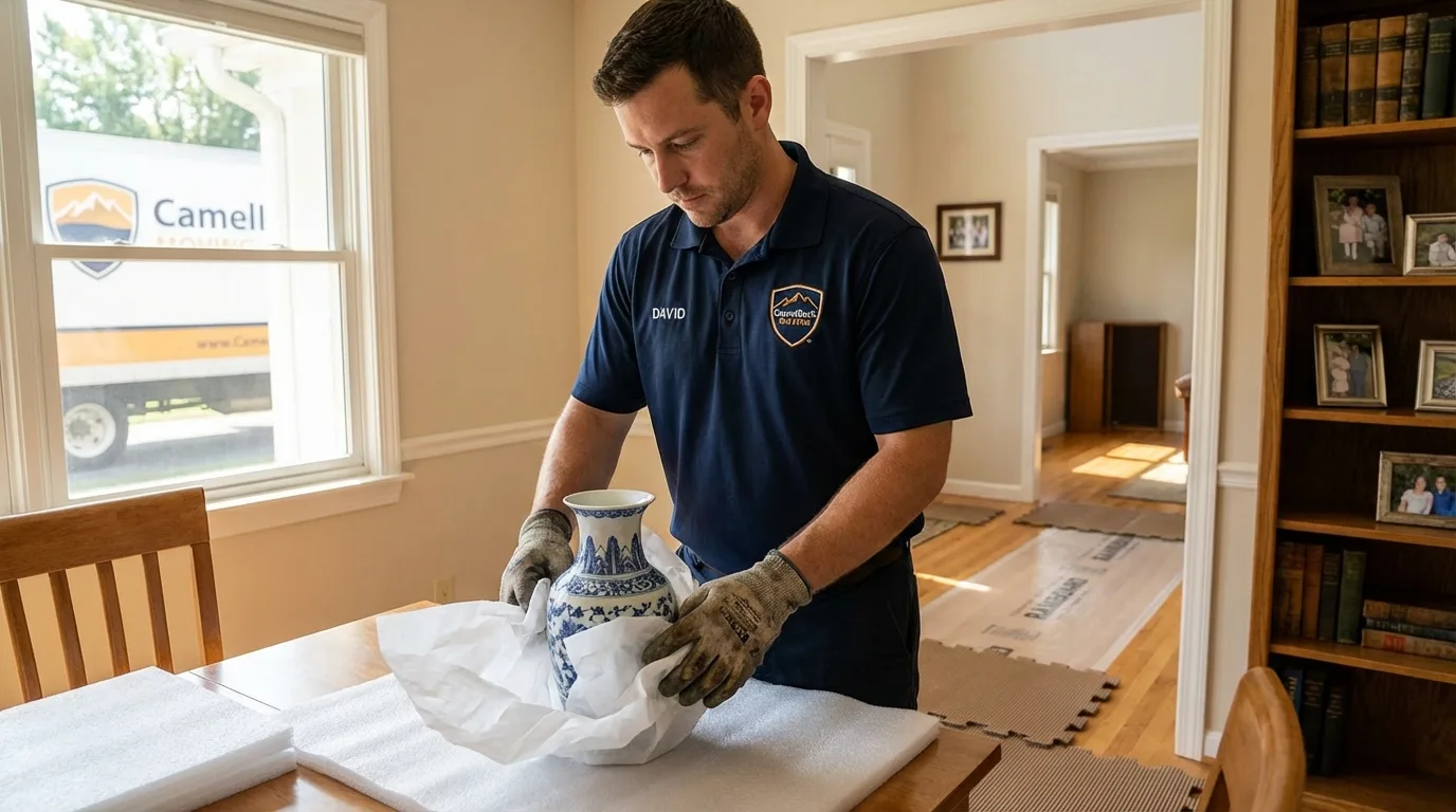 Professional crew carefully wrapping antique vase for senior downsizing move in Windsor Heights, IA